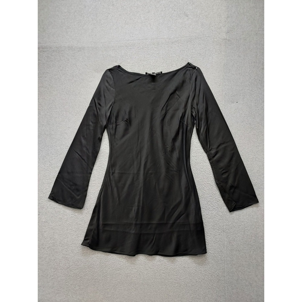 French Connection Women Mini Dress 6 Black Boat Neck Long Sleeve Satin City